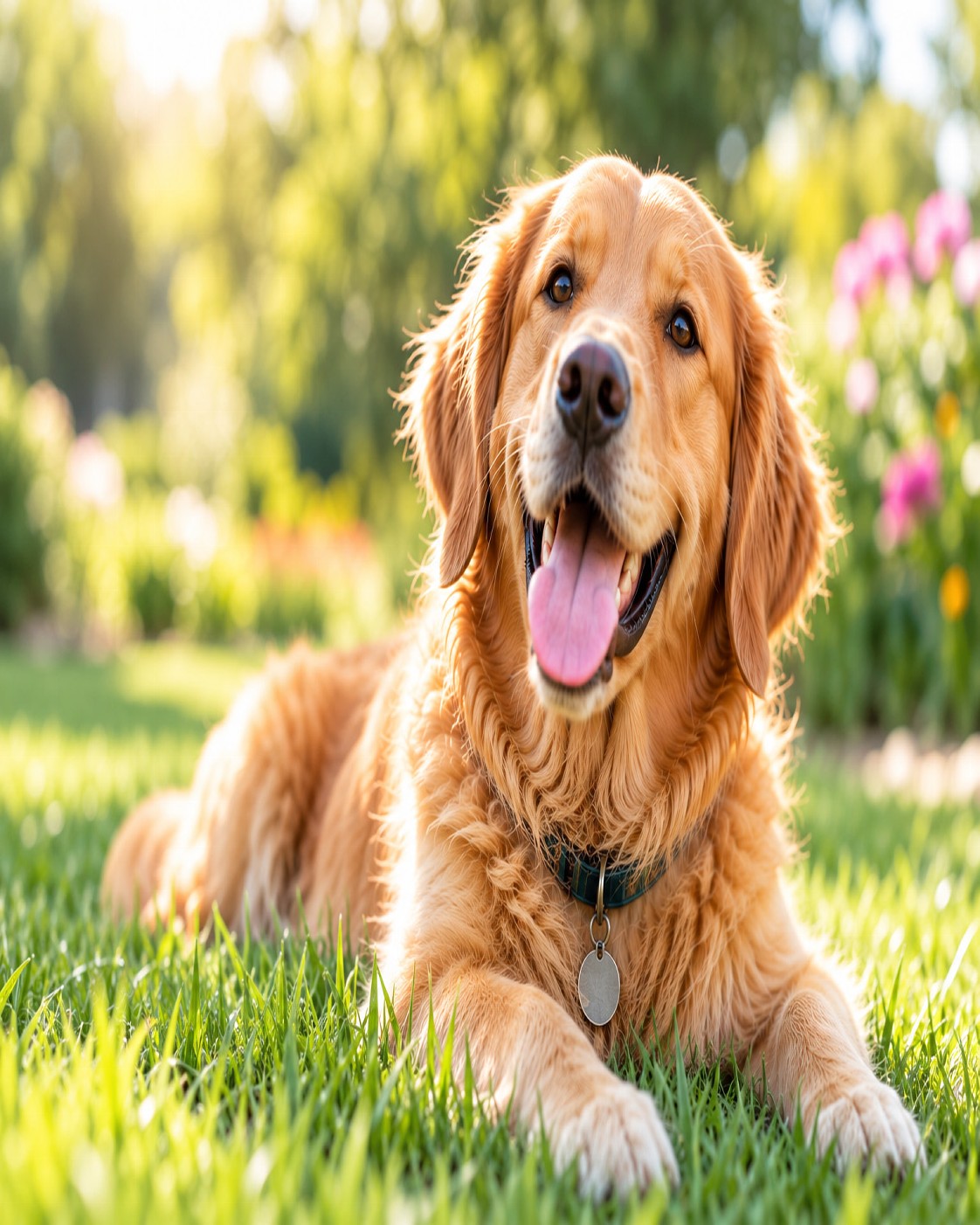 Joyful Golden Retriever in Sunlit Garden