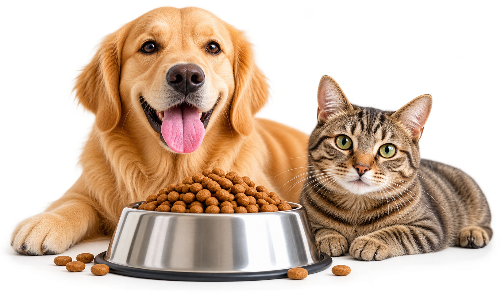Golden Retriever and Tabby Sharing Kibble